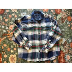 Fryday Club by NRK Mens Large Vintage Plaid Flannel Shirt Denim Collar Cotton